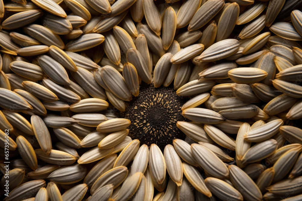 Poster a closeup of sunflower seeds in a spiral arrangement, forming a unique and captivating texture. the 