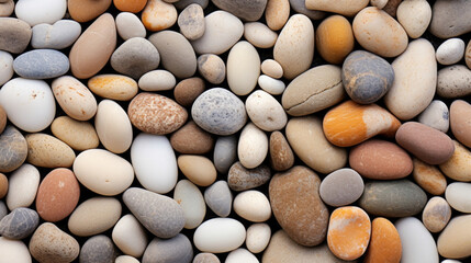 Texture of flat pebbles on the riverbed These pebbles have a flat and elongated shape, with a smooth and polished surface. The riverbed is mostly sandy, with these flat pebbles creating