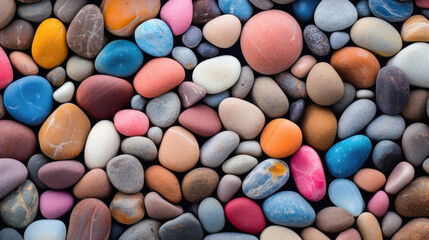 Fototapeta na wymiar Texture of colorful pebbles on the riverbed This vibrant texture showcases a mix of colorful pebbles, ranging from shades of pink and orange to blue and green. The riverbed is mostly sandy,