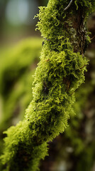 Closeup of Tree Moss on a gnarled branch, its tiny hairs creating a fuzzy and intricate texture.