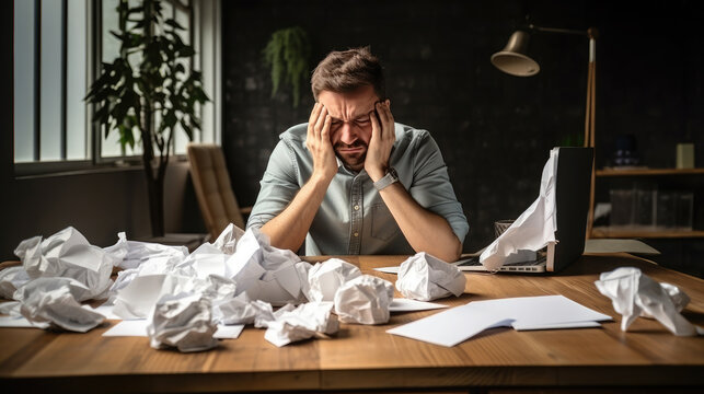 Generative AI, upset sad anxious man sitting at a desk littered with crumpled sheets of paper, deadline, stress, creative pangs, tax reporting, businessman, loan, disappointment, depression, office