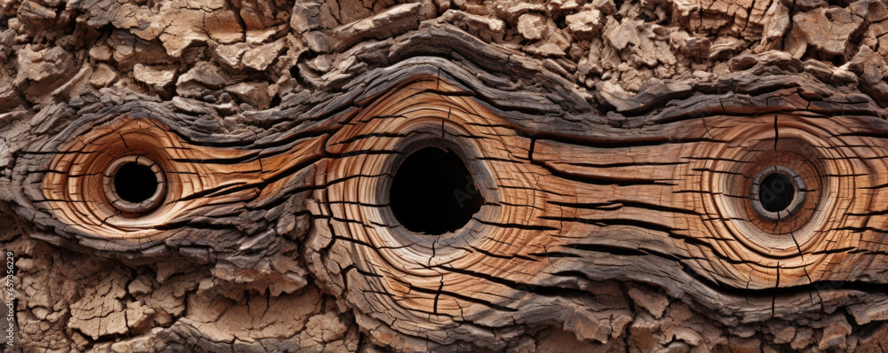 Poster texture of a pine tree bark featuring large, deep holes carved out by a wood. the holes are organize