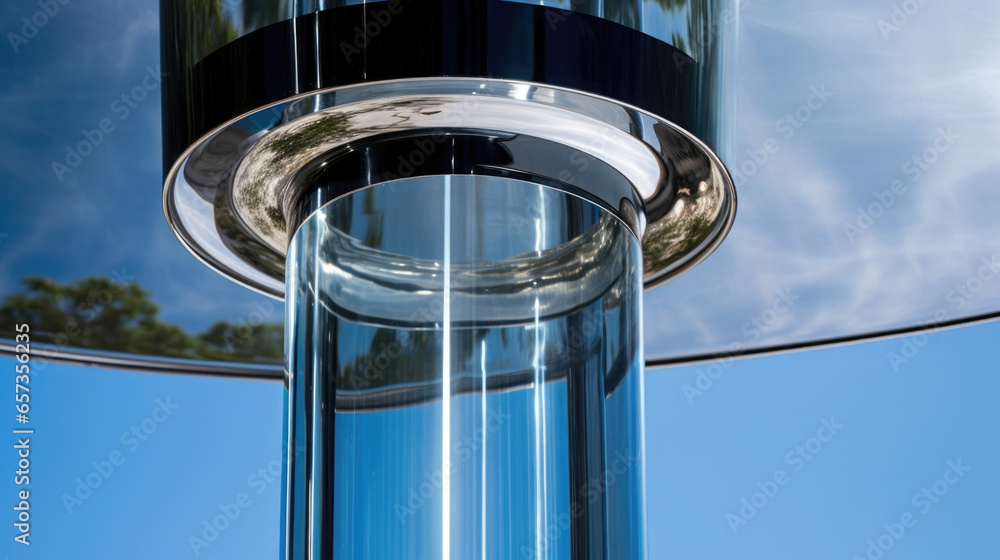Poster closeup of a steelclad column rising up the side of a glass skyser, adding structural support and cr