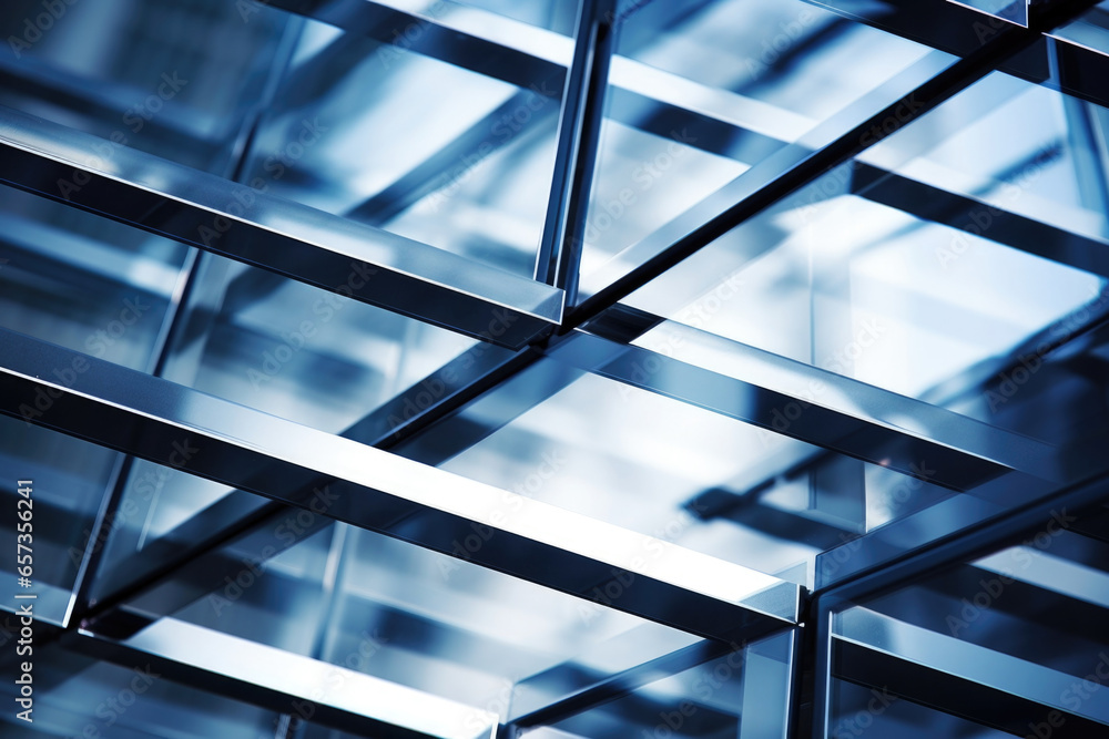 Poster texture of a threedimensional pattern of glass and steel, with some panels protruding outwards while