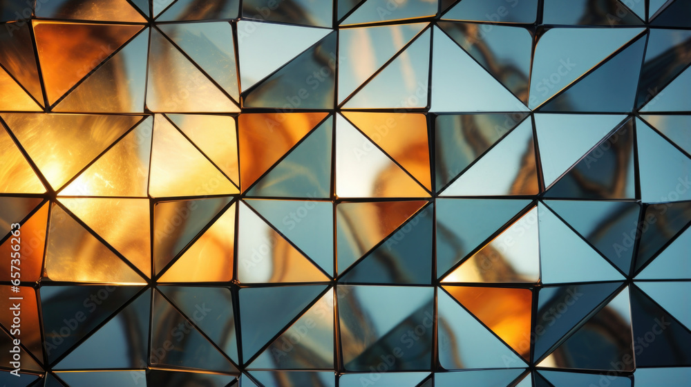 Poster closeup of a reflective glass window with a geometric pattern, reflecting light in intricate angles 