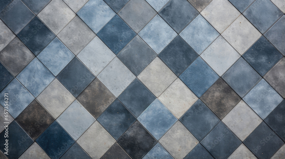 Poster texture of a concrete sidewalk with a mosaiclike design, featuring tiles in various shades of blue a