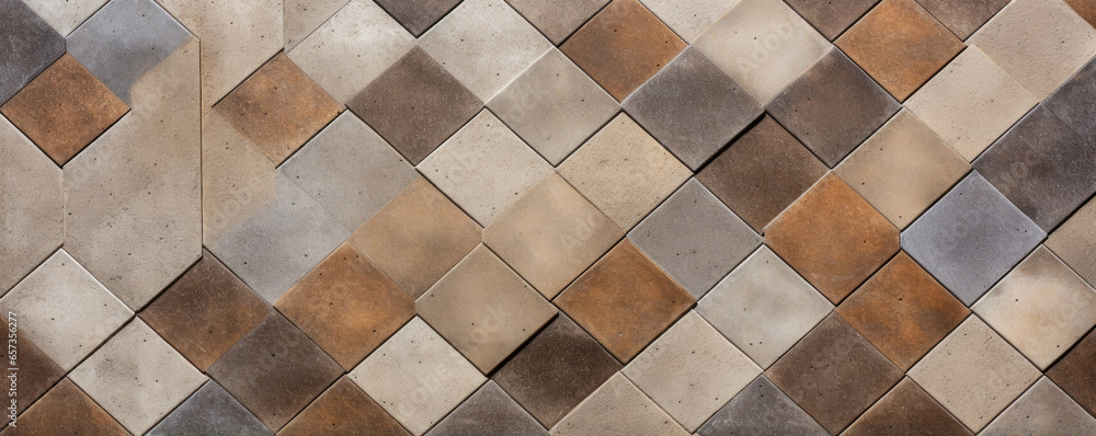 Poster texture of a geometricinspired concrete sidewalk with interlocking tiles in shades of tan and brown.