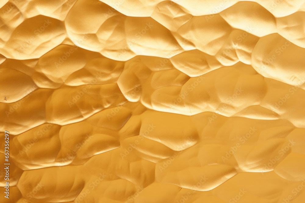 Poster closeup of a hammered gold metal texture, with dents and ridges creating a unique and dynamic surfac