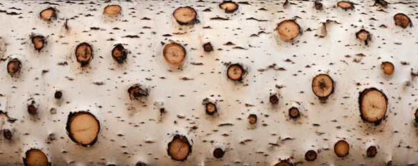 A closeup of a birch tree bark with small, closely spaced holes made by a wood. The distinctive holes give the bark a polkadot appearance and create an interesting texture.