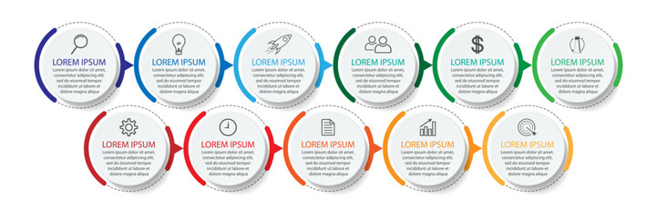 Business Infographic Template Design. Timeline with 11 marketing steps, options and icons. Vector linear infographic with eleven connected elements. Can be used for presentations in your business.