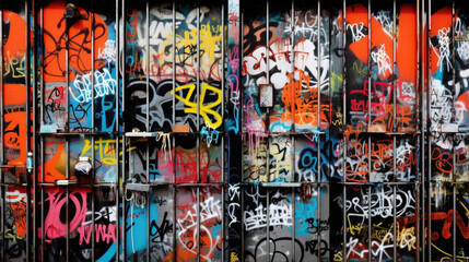 Closeup of a graffiticovered metal gate, with vibrant and bold tags covering every inch. The metal has a reflective surface, giving the graffiti a shiny and metallic appearance.