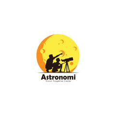 Astronomy, Father and son using telescope and moon vector graphics