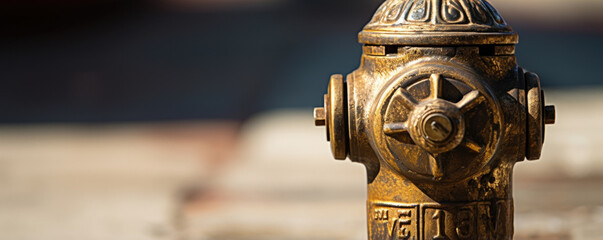 Texture of an antique fire hydrant, its brass surface tarnished and dull, but still gleaming in the sunlight. The intricate details of the hydrants design are visible, despite its age and - obrazy, fototapety, plakaty