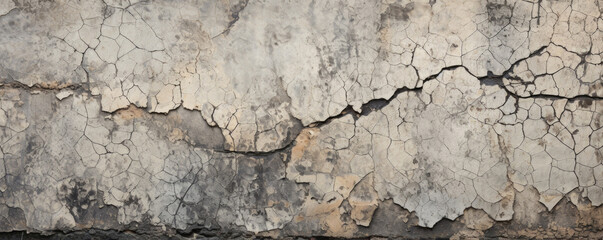 Fototapeta premium Texture of a forgotten sidewalk, covered in a network of intricate cracks and crevices. Old gum stains have sunk into the surface, resembling dark splotches and swirls on a canvas.