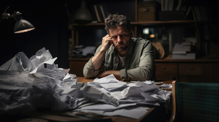 Fototapeta premium Generative AI, upset sad anxious man sitting at a desk littered with crumpled sheets of paper, deadline, stress, creative pangs, tax reporting, businessman, loan, disappointment, depression, office