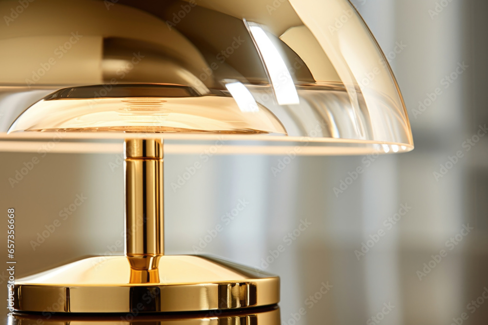 Poster closeup of a polished brass table lamp highlighting the metals smooth and reflective finish, with a 
