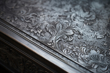 Closeup of aged silver showcases a weathered appearance, with intricate lines and patterns etched onto its surface.