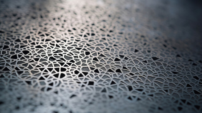 Closeup of etched galvanized metal A detailed closeup of an etched galvanized metal surface, revealing intricate patterns and designs created by chemical etching. The metal has a smooth