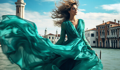 Woman with beautiful long silk dress fluttering in the wind. AI generated