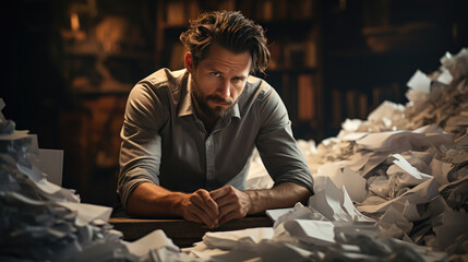 Generative AI, upset sad anxious man sitting at a desk littered with crumpled sheets of paper, deadline, stress, creative pangs, tax reporting, businessman, loan, disappointment, depression, office