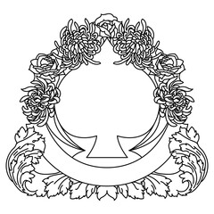 An outline illustration of an ace of spades layout with a banner and a floral arrangement