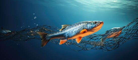 Trout fish caught in a net With copyspace for text - obrazy, fototapety, plakaty