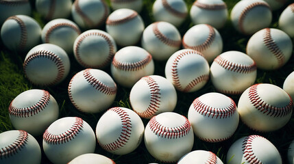 Softball Field Collection: Abundance of Softballs. A collection of softballs strewn across the playing area of a softball field.