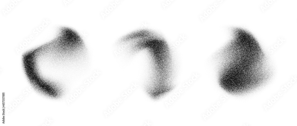 Poster curved fluid stippled gradient elements. noise grain texture stains shape set. black and white dotte