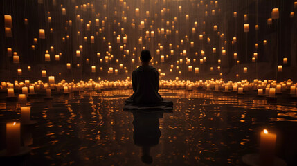 Candlelit Meditation Retreat. A dimly lit room creates a serene atmosphere for meditation by candlelight.