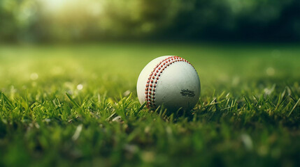 Cricket Ball on the Pitch. A cricket ball resting on the lush green field of the cricket pitch.