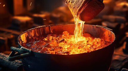 Liquid steel pouring from metallurgical ladle. Metallurgy, industrial plant, metallurgical production plant. 
