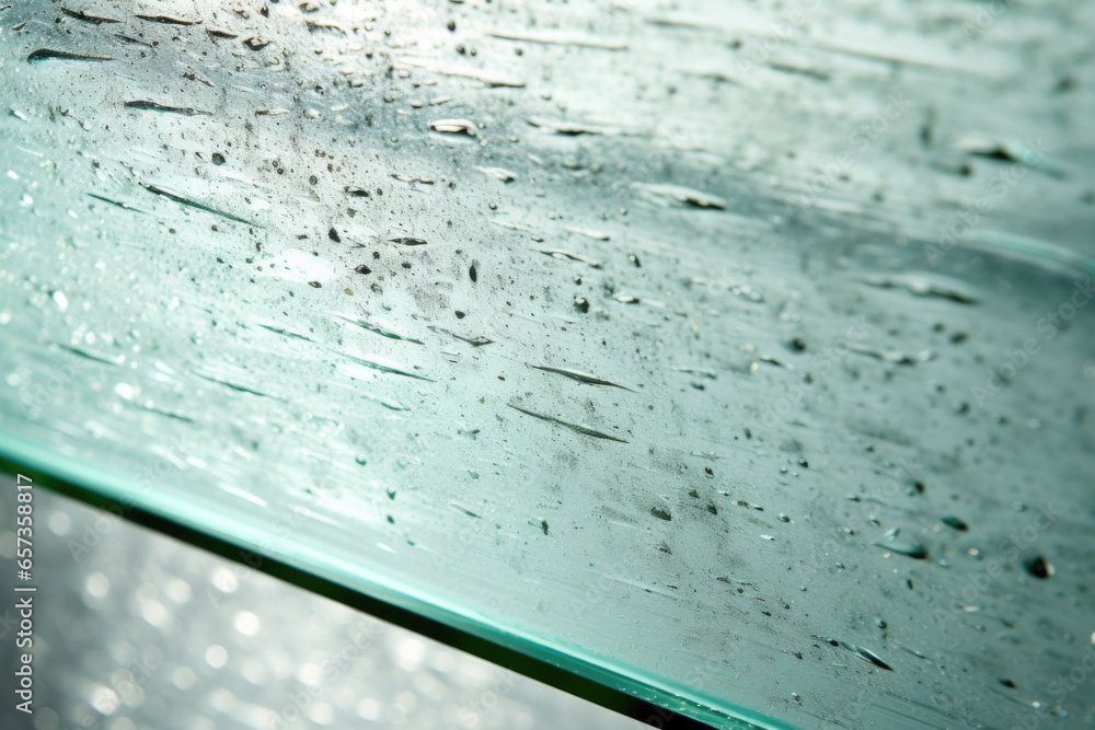 Poster closeup of reflective glass with a textured speckled finish, adding depth and dimension to its refle