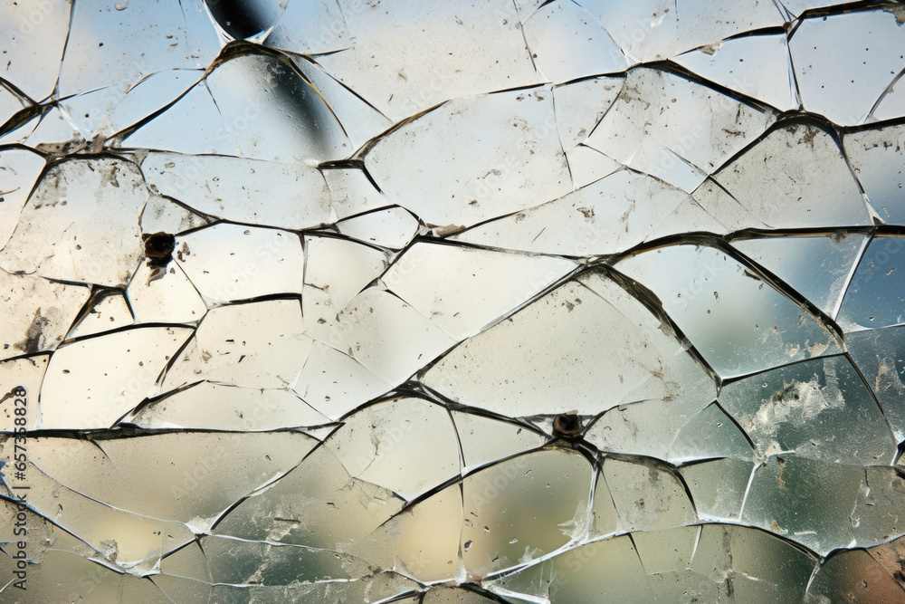 Poster closeup of mirrored glass with a cracked and pitted surface. the cracks add a sense of age and chara