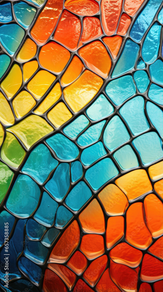 Poster closeup of etched glass with a mosaic pattern, adding a touch of color and playfulness to its textur