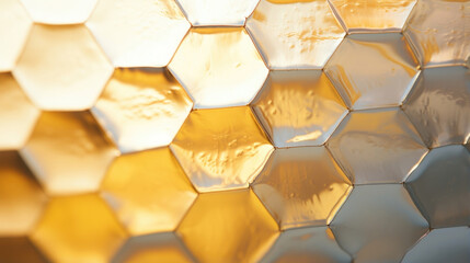 Closeup of clear glass with a honeycomblike texture, appearing almost opaque but still allowing light to pass through.
