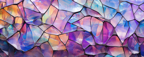 Texture of iridescent glass with a cracked appearance, revealing a kaleidoscope of rainbow hues like a geode formation.