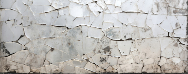 Texture of a cracked antique mirror, with a weathered silver backing and patches of worn glass...