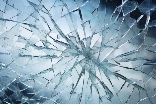 Closeup of a fine crackle texture on glass, resembling a frozen explosion with its sharp, branching lines.