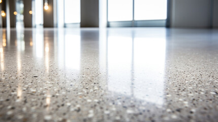 Closeup of Polished Aggregate Concrete Flooring The polished aggregate concrete floor has a luxurious and highend look, with a mix of aggregate sizes and colors creating a unique and eyecatching - obrazy, fototapety, plakaty