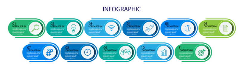 Business Infographic Template Design. Timeline with 11 marketing steps, options and icons. Vector linear infographic with eleven connected elements. Can be used for presentations in your business.