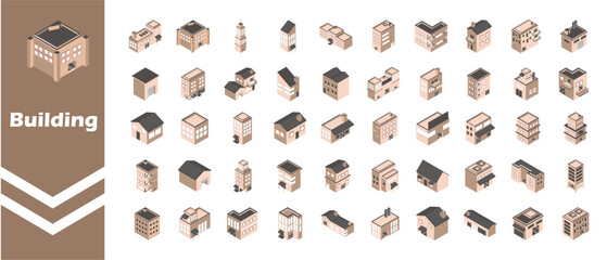 Assorted buildings and houses isometric icons - obrazy, fototapety, plakaty