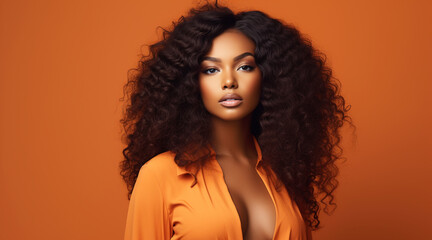 African american female model, posing, orange clothing, Brazilian deep wave hair, unsplash, peach background