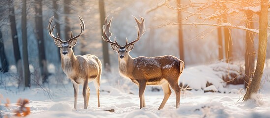Winter forest with majestic male and female deer in snowy surroundings