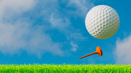 Golf ball and stand in the air after being hit, blue sky with clouds