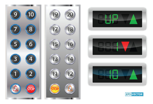set of realistic elevators buttons with chrome metal. 3D Render