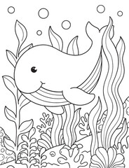 Black and white page for baby coloring book. Illustration of cute whale swimming underwater. Printable for kids. Worksheet for children and adults. Hand-drawn vector image. Fish coloring pages.