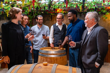 Group of People man and woman sommelier tasting red wine in wine glass at vintage wine cellar or...