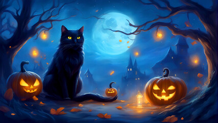 Black Cat's Halloween Haunt: House, Pumpkin, and Spooky Atmosphere