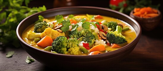 Coconut milk bowl with vegetable curry With copyspace for text