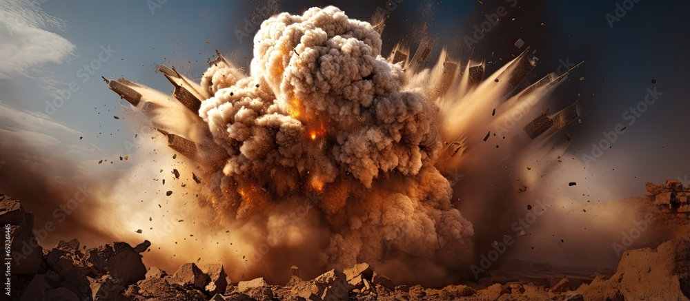 Poster detonator explosion on construction site close up with copyspace for text